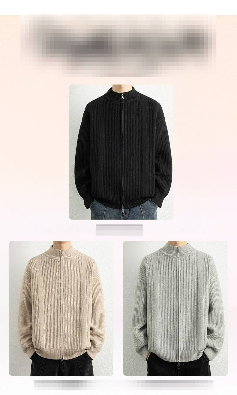 Herbst und Winter Herren Neue Stehkragen Doppelreißverschluss Strickjacke Modische Casual Solid Color Vielseitige Pulloverjacke_voghion.com