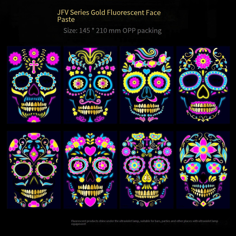 Tatuaggi temporanei di Halloween che si illuminano al buio - Adesivi gotici al neon per viso e corpo per cicatrici, morte e trucco da festa (set di 8 modelli)_voghion.com