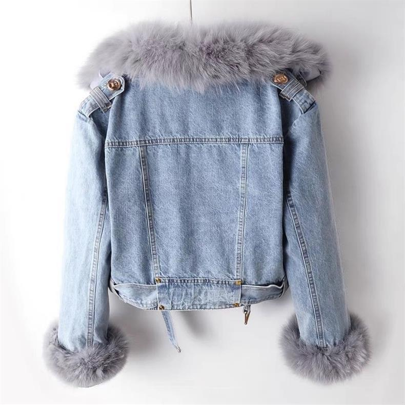 Giacca corta da donna con fodera in pelliccia di volpe sintetica rimovibile e pelliccia di coniglio, giacca in denim_voghion.com