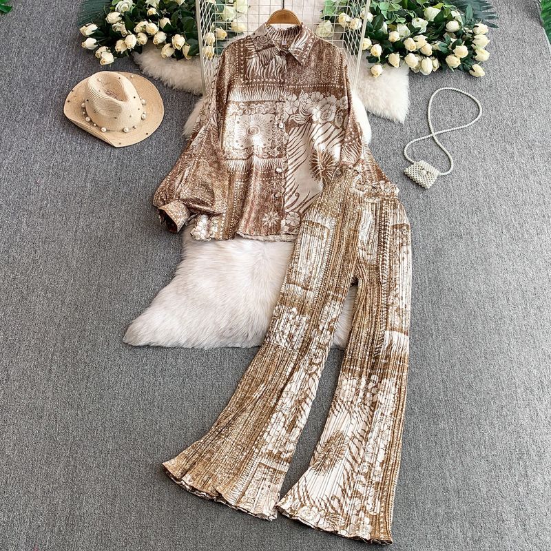 Set aus französischer Vintage-Batikbluse mit Sonnenschutz und hoch taillierter Schlaghose – Laternenärmel, Rüschensaum (Einheitsgröße, 18 Farboptionen)_voghion.com