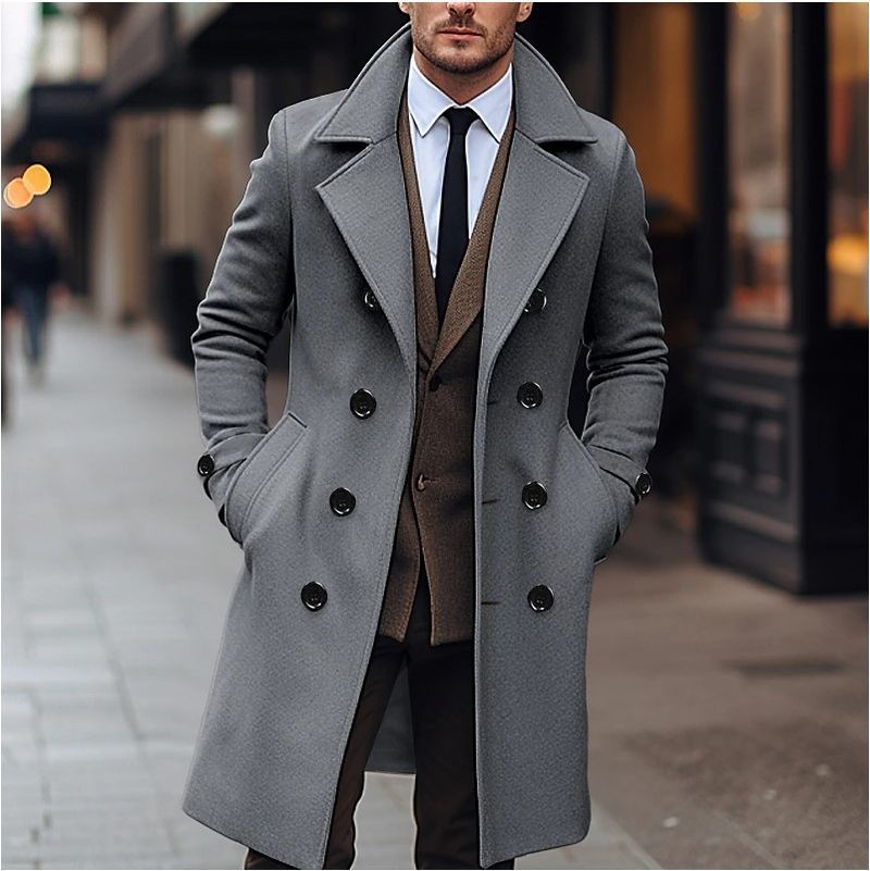 Klassischer zweireihiger Mantel aus Wollmischung für Herren – Slim Fit Trenchcoat mittlerer Länge in Unifarben (Anthrazit, Schwarz, Khaki, Hellgrau)_voghion.com