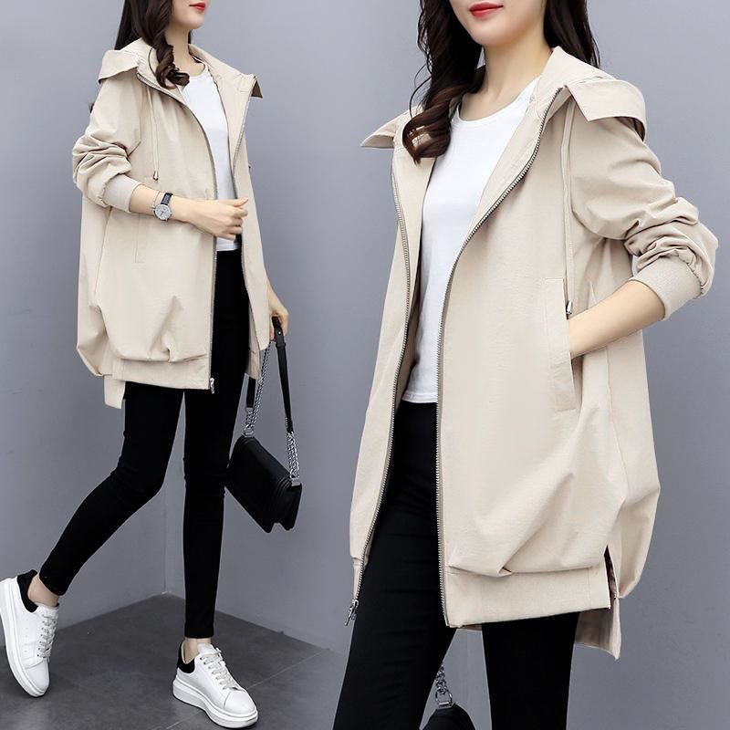 Lässiger Trenchcoat mit Kapuze in Übergröße für Damen – Locker geschnittene, langärmlige Frühlings-/Herbstjacke in Khaki, Beige und Schwarz (mit/ohne Futter)_voghion.com