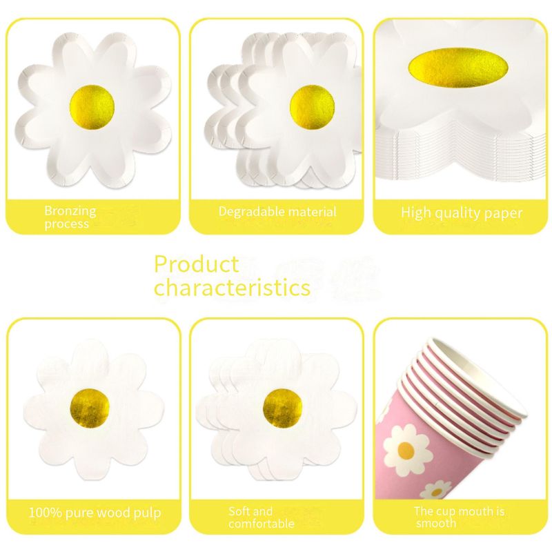 Elegant White Sunflower Disposable Party Tableware Set - 20pcs Floral Paper Plates, Cups, Napkins For Wedding, Birthday, Baby Shower Decorations_voghion.com