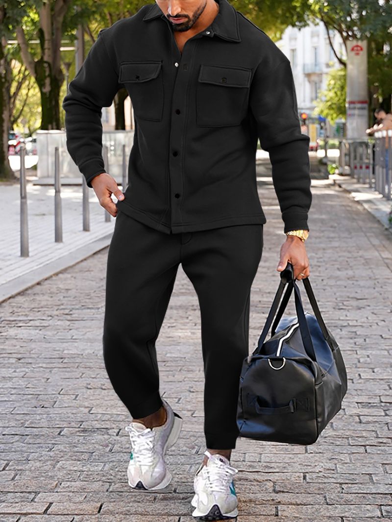 Herren-Set aus gebürsteter Fleecejacke und -hose – Einreihiger Winteranzug (S-XXXL, Schwarz/Grau/Armeegrün)_voghion.com