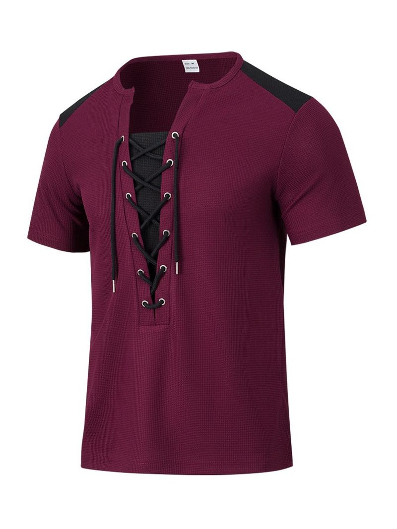 Camiseta masculina casual waffle com cordão e cor combinando, gola redonda, manga curta_voghion.com