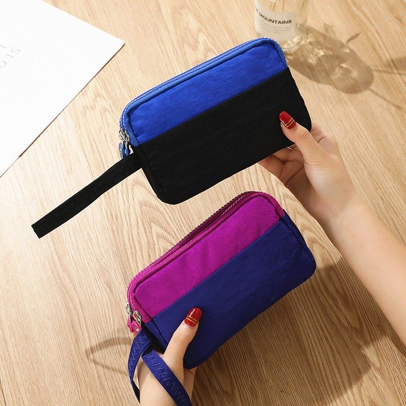 Women's Three-Layer Zipper Fabric Nylon Phone Grocery Coin Key Small Bag Multi-Layer Wristlet Clutch Large Capacity_voghion.com