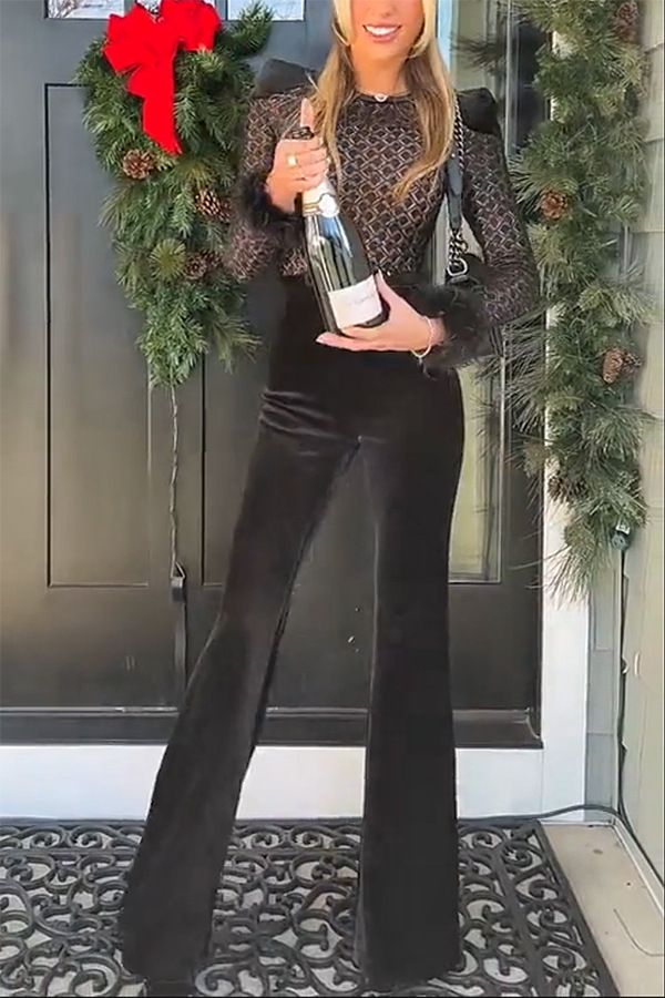 Women's Clothing New Gold Velvet Stitching Long Sleeved Jumpsuit Ins Casual Party Women's Trousers_voghion.com