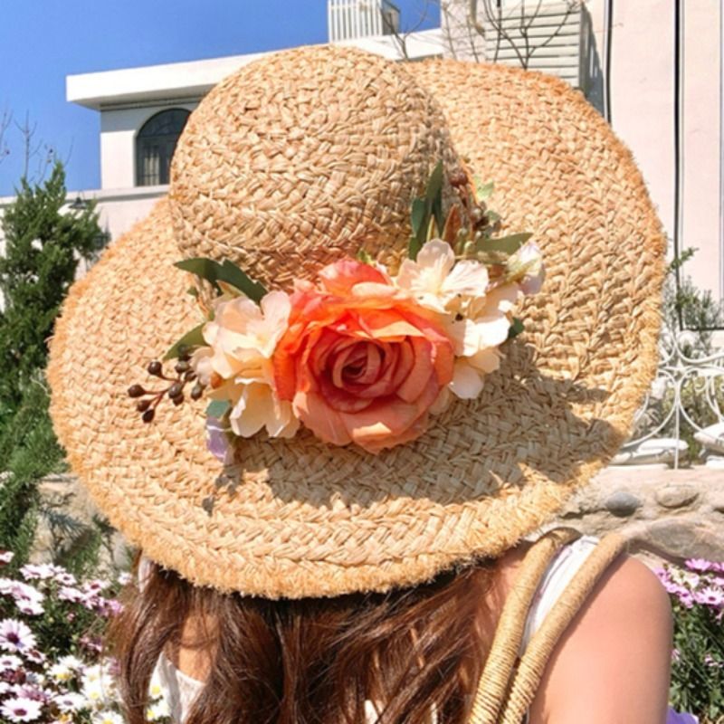Women's Straw Summer Floral Beach Vacation Wide Brim Sun Hat_voghion.com