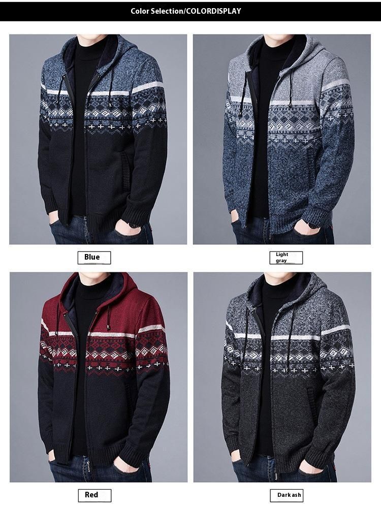 Winter new coat hooded fleece sweater color blocked casual zipper knitted men's cardigan_voghion.com