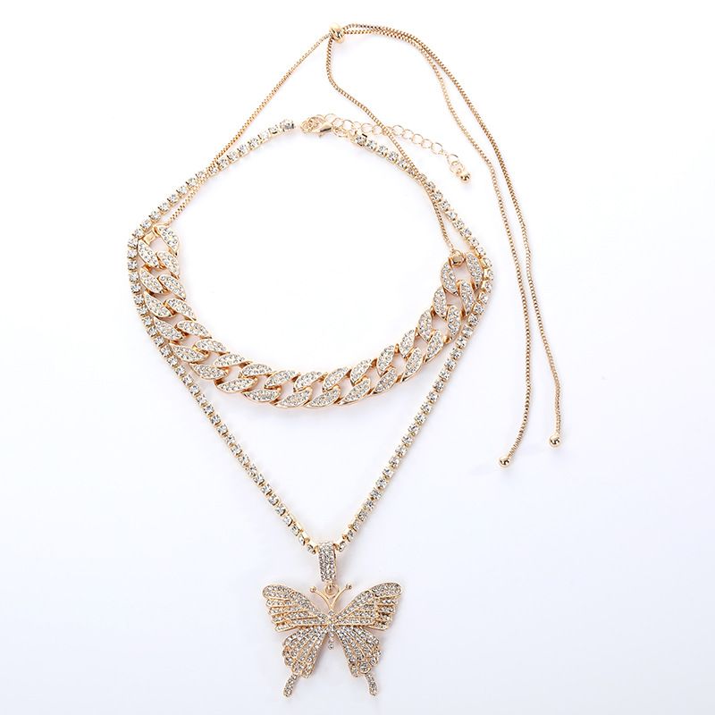 Exaggerated Rhinestone Geometric Set Cuban Chain Large Butterfly Necklace For Women Versatile High-end Feel_voghion.com