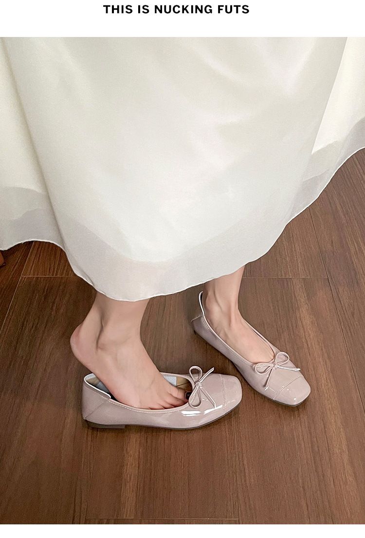 Square Head Bow Ballet Single Shoes Women's Flat-soled Laden Shoes French One-pedal Beanie Shoes_voghion.com
