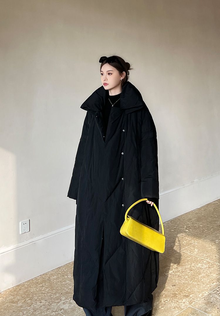Knielanger gesteppter Wintermantel für Damen – Verdickte, locker sitzende Baumwolljacke in Schwarz/Grau_voghion.com