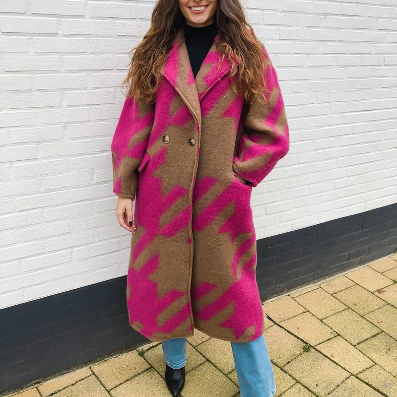 Women's Cothing Various Color Matching Fashion Long Sleeved Lapel Coat Printed Woolen Coat_voghion.com