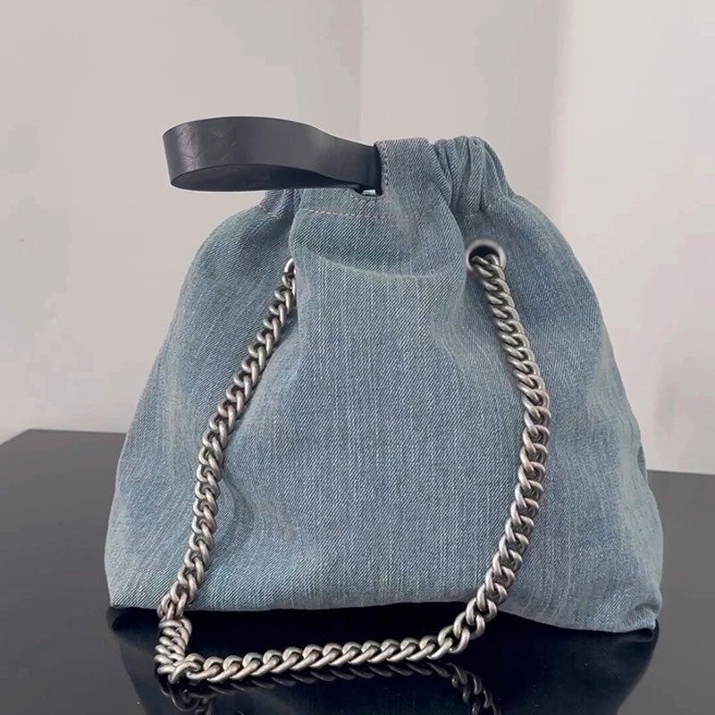 Wash Denim Blue Large Women's 2025 Autumn/Winter New High-end Single Shoulder Bucket Bag Fashionable And Versatile Casual Everyday_voghion.com