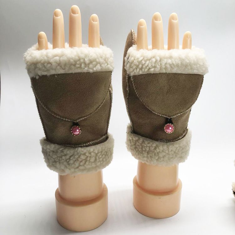 Women's Winter Sheepskin Two-in-One Typing Outdoor Warm New Suede Fingerless Gloves For Students_voghion.com