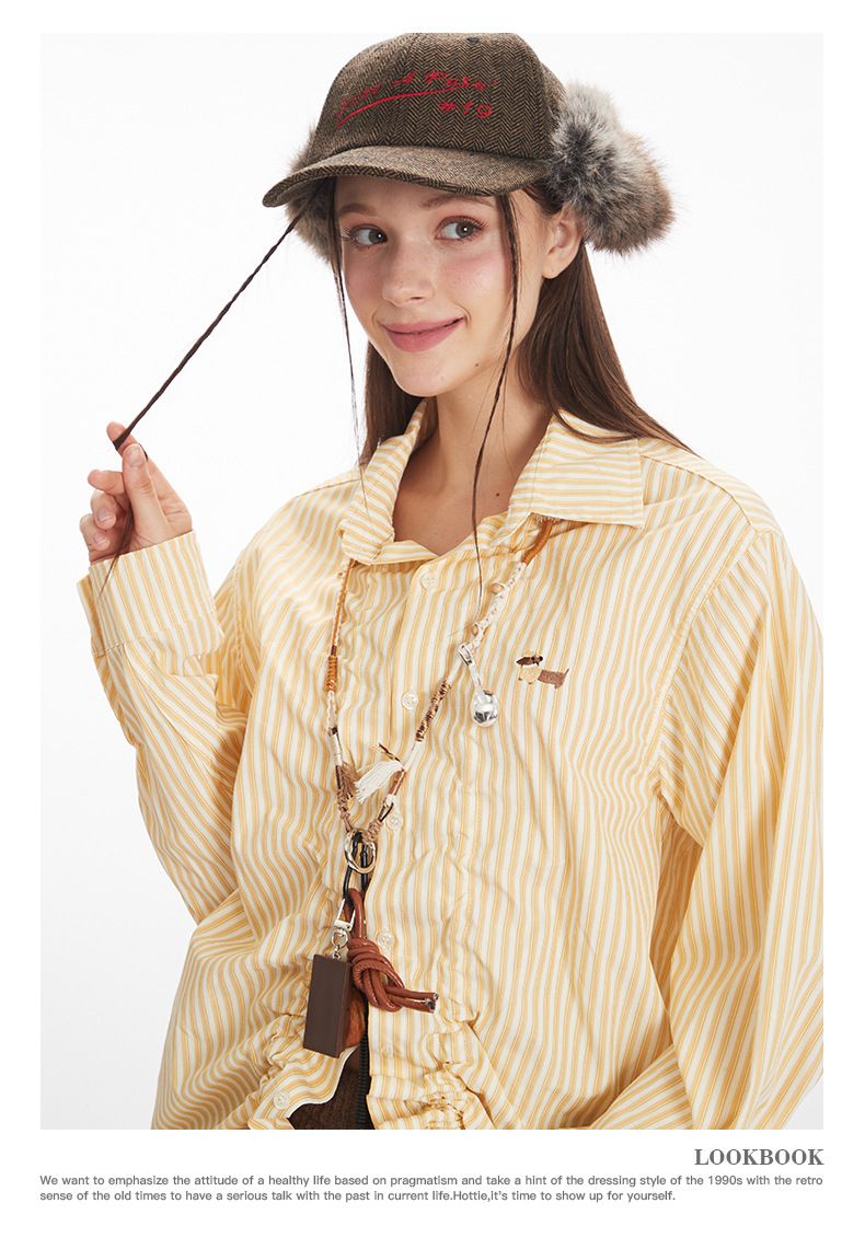 Ropa de mujer Camisa de rayas con volantes para mujer - Blusa extragrande de manga larga con botones_voghion.com