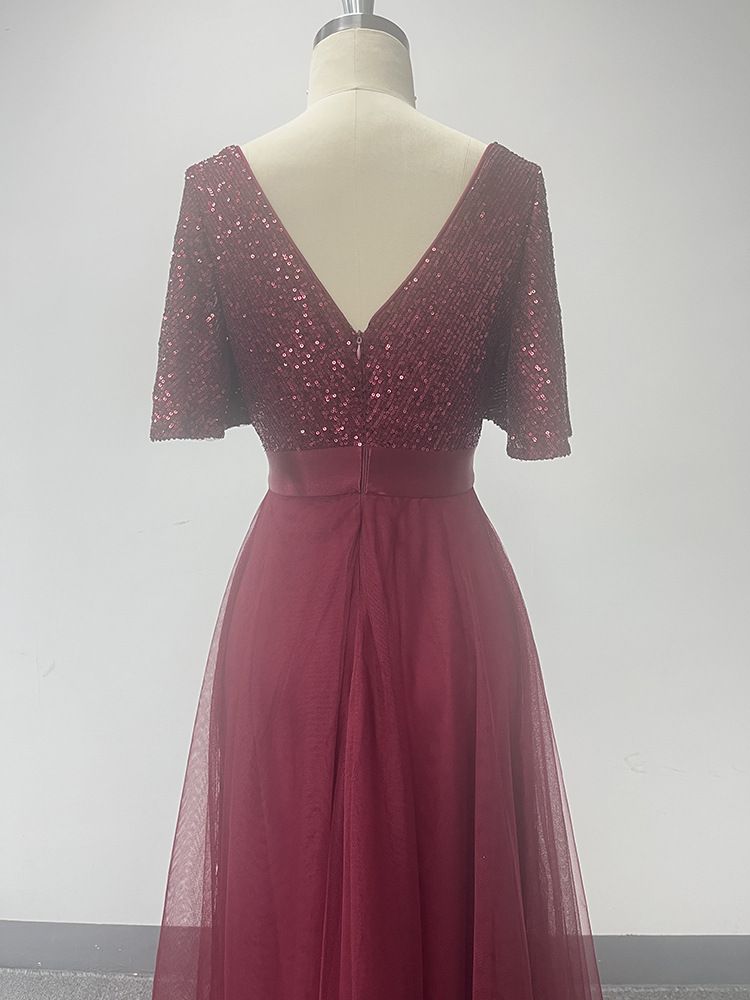 Robe de soirée élégante à volants et manches courtes pour femme avec taille élastique et jupe longue irrégulière en tulle moelleux_voghion.com