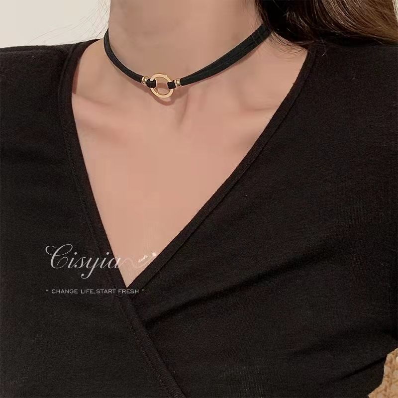 Collana con catena a clavicola a forma di cigno con nastro nero, stile coreano e giapponese, da donna, elegante collana girocollo a cerchio rotondo._voghion.com