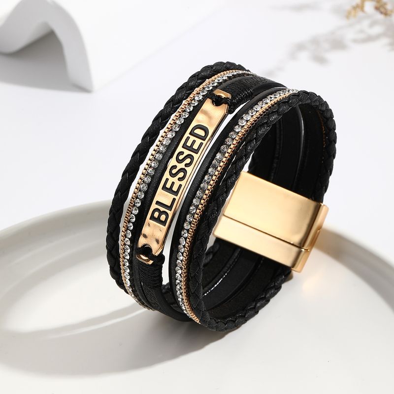 Bracelet tissé unisexe en cuir PU de style ethnique, multicouches, strass_voghion.com