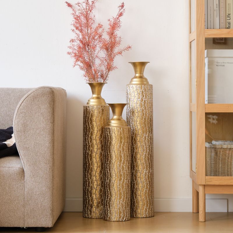 Metal Decorative Vases High Distress Metal Center Vases With Growing Vine Patterns, Set Of 3 Vases For Home Decoration 34 ", 29 ", 25 "H, Gold_voghion.com