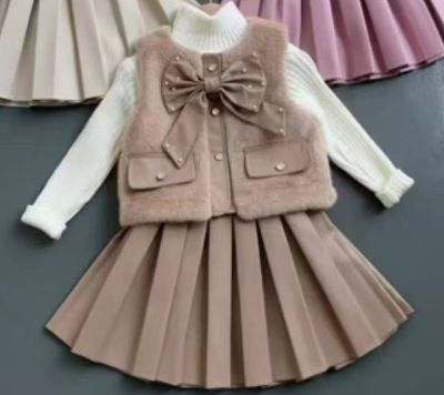 3-teiliges Outfit-Set für Mädchen: Strickjacke mit Schleife + Oberteil mit Zopfmuster + Faltenrock, Winter- und Herbstmode, weich und bequem, Alter 3–8 (100–140 cm), Weiß/_voghion.com