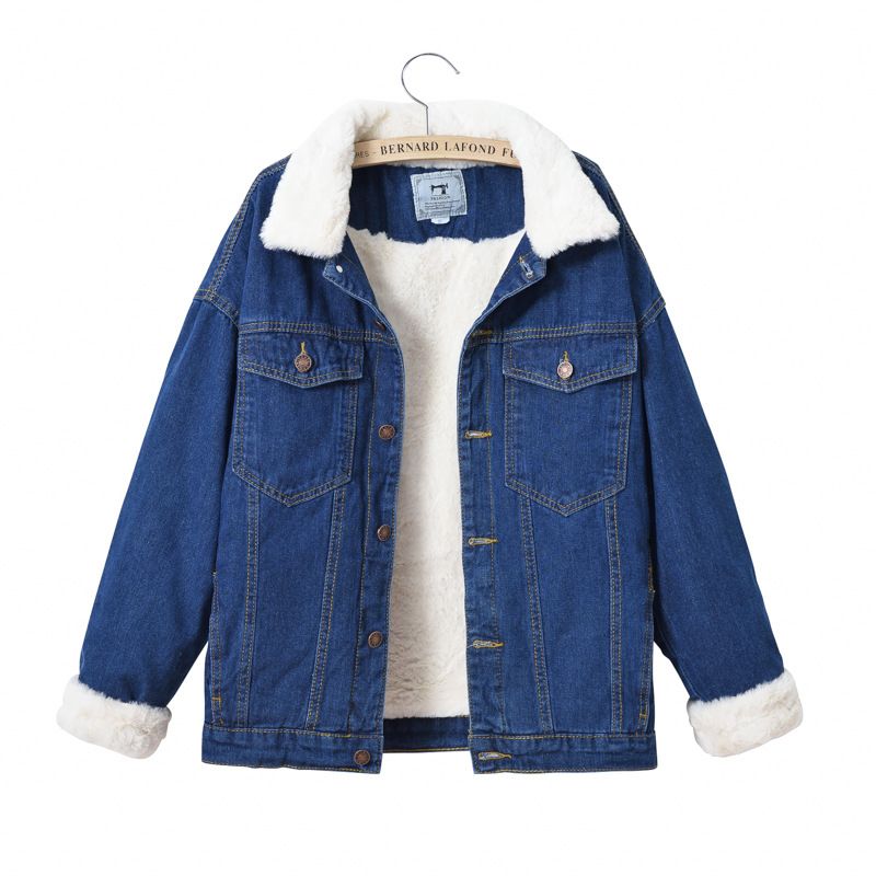 Giacca da donna in denim foderata in pile, calda e calda, con collo in pelliccia sintetica di coniglio, casual, blu, oversize, con spalle scese_voghion.com