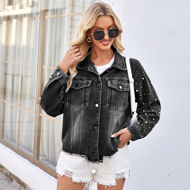 Women's Clothing Spring New Washed Beaded Long Sleeved Casual Denim Jacket Top_voghion.com