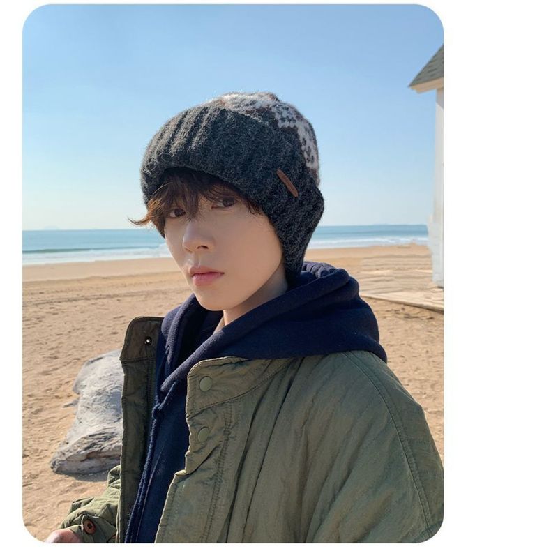 Fleece-Lined Knitted For Men Fair Isle Knit Head Wrap Black Cold Autumn Winter Men's Wool Hat_voghion.com