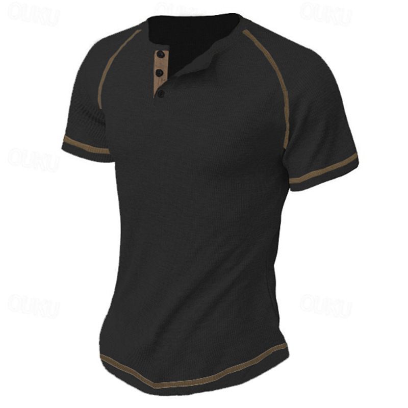 Unbeatable Quality V-neck Buckle Men's Summer Solid Color Waffle Casual Sports Short Sleeved Henry T-shirt_voghion.com