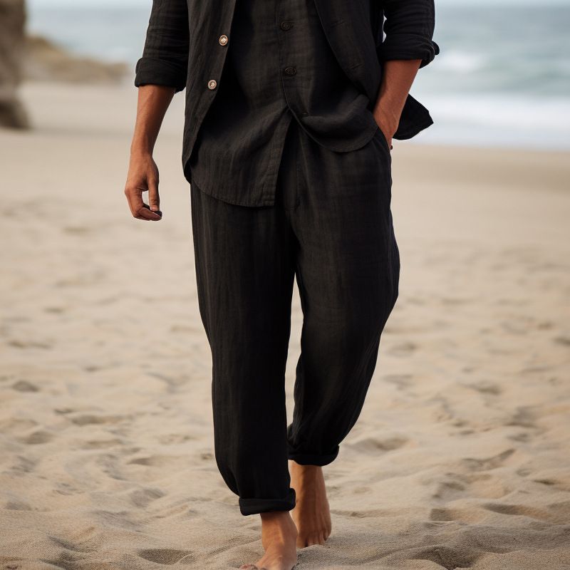 Herren Casual Leinen-Mix Hemd & Weite Hose Set – Schwarz (S-XXXL) | Frühherbst Relaxed Fit_voghion.com