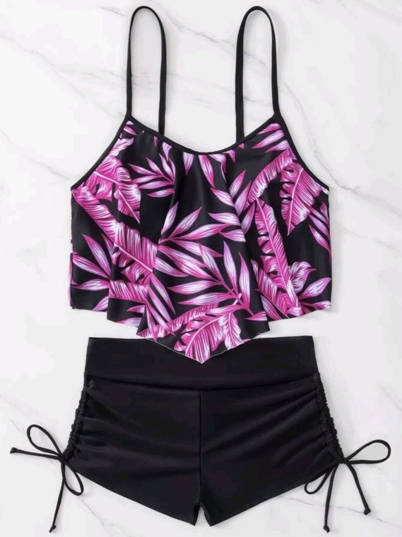 Women's Clothing Swimsuit Printed Multi Color Large Lotus Leaf Bra Drawstring Boxers_voghion.com