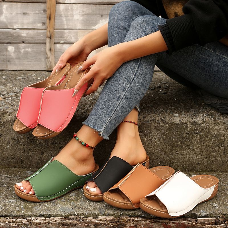 Slope Thick Soled Women, Plus Size Round Toe Casual One Foot Kick, Solid Color Slope Heel Cool Slippers For Women's_voghion.com
