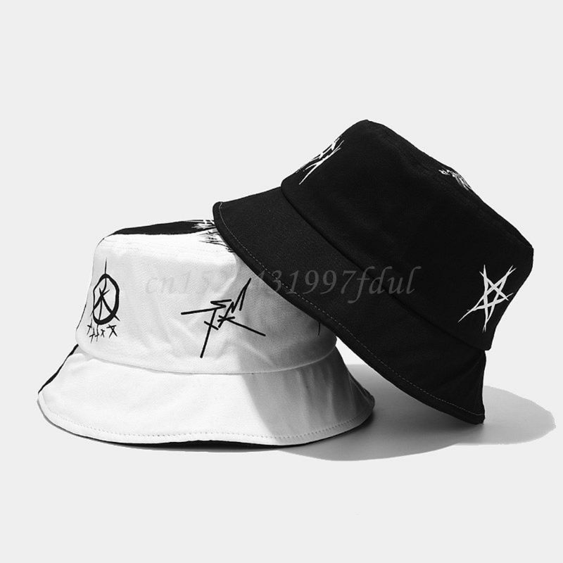 Moda Unisex Siyah Beyaz Renk Blok Kova Şapka Yıldız Göz Grafiti Baskılı Balıkçı Şapkası_voghion.com