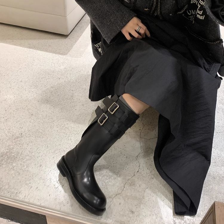 Cowhide ~ Su Yinyin Same Style Norway Debut Thick Sole Chunky Heel Double Buckle Strap Mid-Calf Long Women' Riding_voghion.com