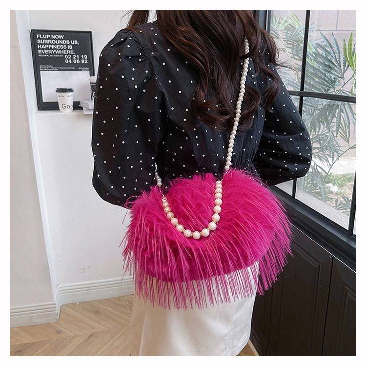 Borsa a tracolla con tracolla in stile fata, piccola borsa quadrata con catena di perle di peluche di grande capacità_voghion.com