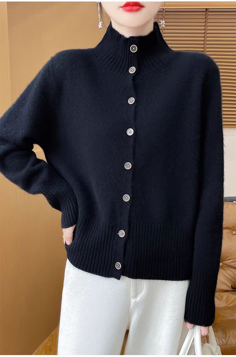 Half high collar plush cardigan, women's stand up collar, fashionable outerwear, knitted sweater, single breasted, solid_voghion.com