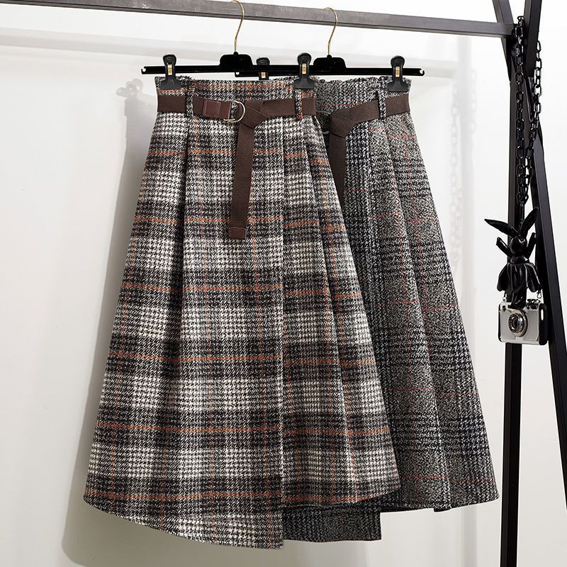 Gonna a ruota irregolare a quadri in lana per abbigliamento da donna, nuova gonna retrò primaverile e autunnale, gonna a vita alta sottile e di media lunghezza_voghion.com