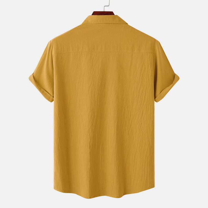 Camicia a maniche corte casual alla moda di grandi dimensioni in lino di cotone sciolto tinta unita estate 2023 dei nuovi uomini_voghion.com