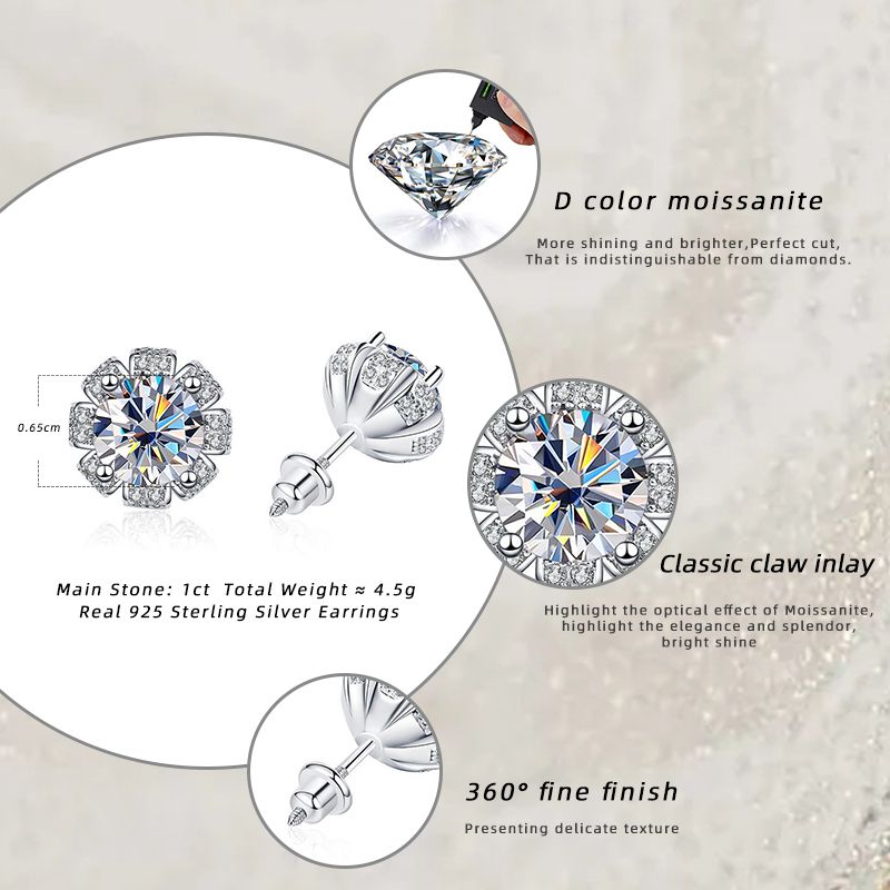 Σκουλαρίκια Butterflykiss 1 καρατίου 100% Moissanite Flower Stud για γυναίκες με βιδωτό νήμα, ασημένια κοσμήματα, περνώντας το τεστ διαμαντιών_voghion.com