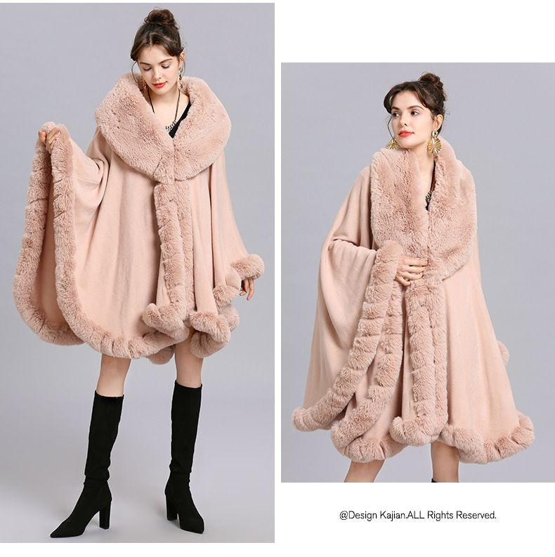Eleganter Damen-Cape-Mantel mit Kunstpelzkragen – Übergroßer Strickjackenschal für Winter, Frühling und Herbst_voghion.com