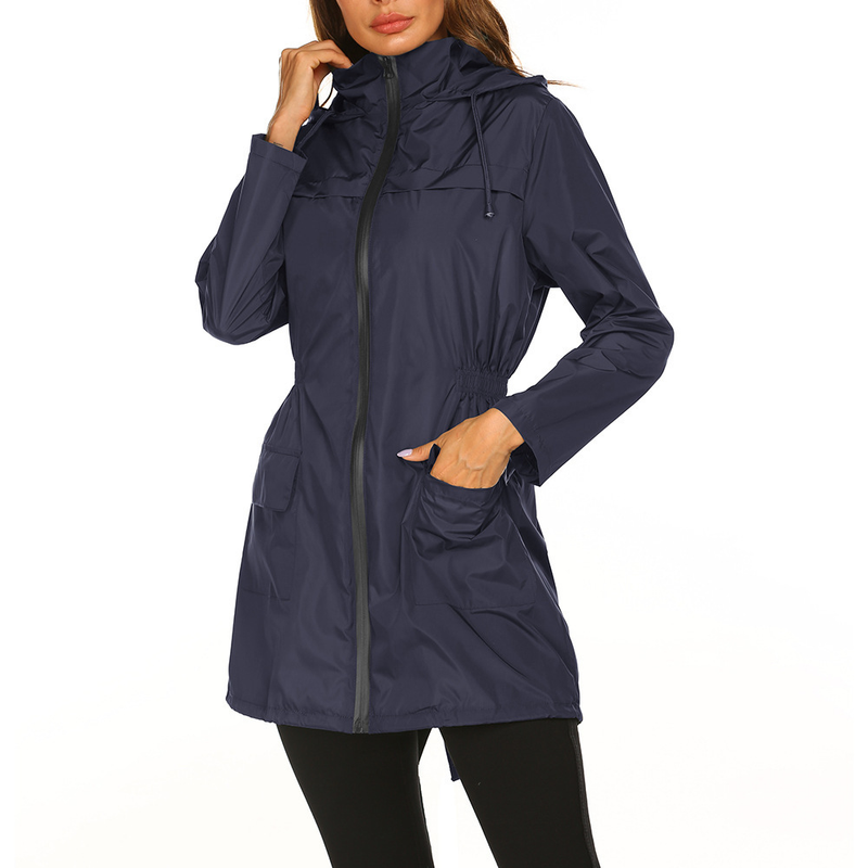 Giacca impermeabile da alpinismo da donna, lunga, con cappuccio, in vita, antivento, con cerniera_voghion.com