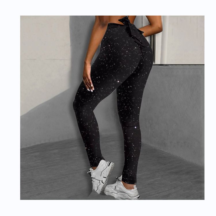 Pantaloni da yoga da yoga da donna con stampa multicolore antirughe sull'anca, dimagranti a vita alta, con fiocco elasticizzato_voghion.com