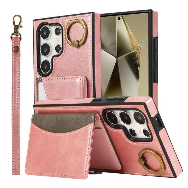 Pung med kortholder og håndledsrem til mobiltelefon, etui til Galaxy S25 S24 S22 Ultra Plus S23 FE A16 A06 A15 A35 A55, ringformet lædercover_voghion.com