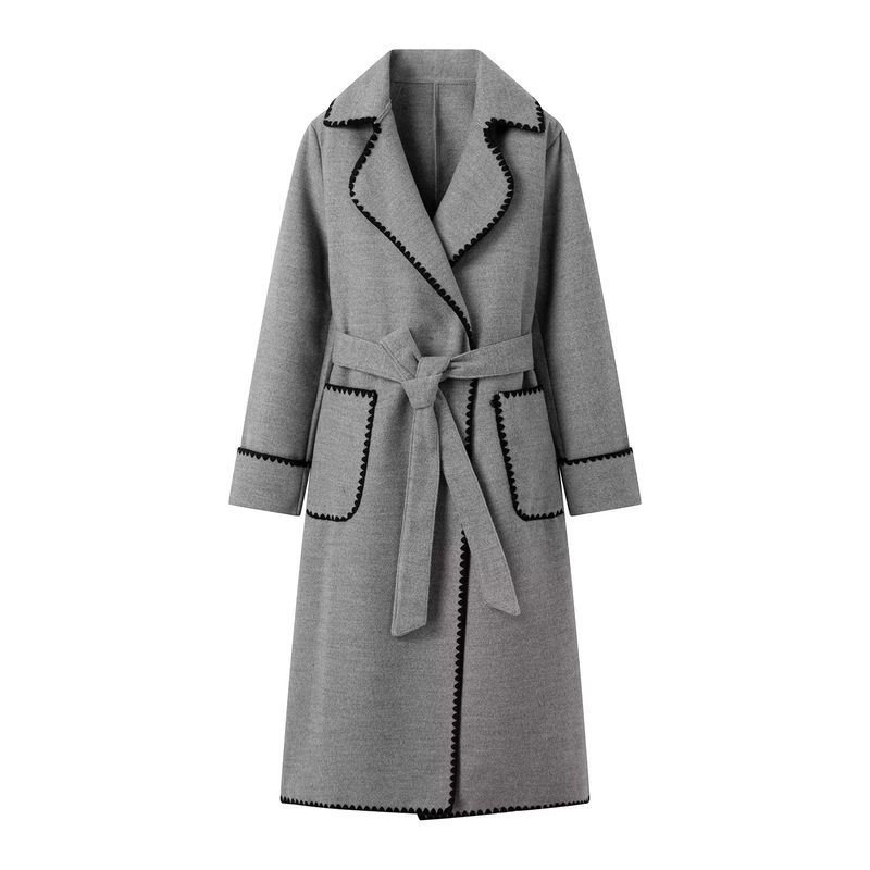 Damenbekleidung Herbst und Winter beliebter warmer langärmeliger Revers-Damen-Wollmantel mit Schnürung_voghion.com