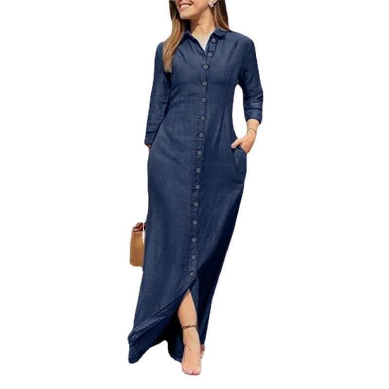 2025 Damenmode Elegantes modisches neutrales Stil Ärmel Umlegekragen Strickjacke Einfarbig Langes Jeanskleid_voghion.com