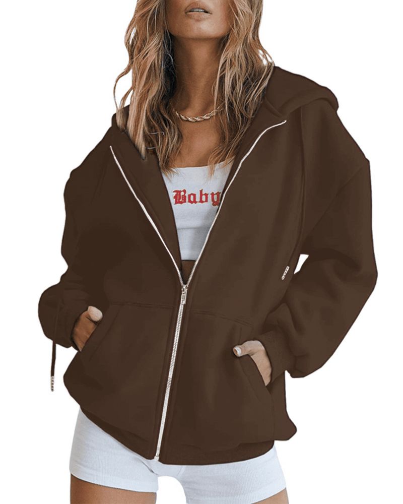 Zipper Oversize Plain Sweatshirt Trendy Loose Plus Size Women's Cardigan Hoodie_voghion.com