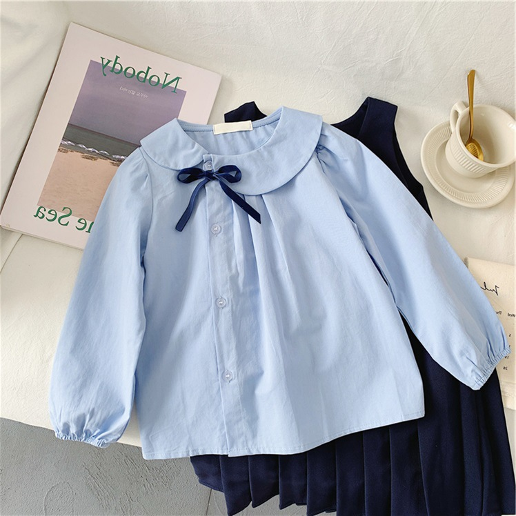 Abbigliamento per bambini, set autunnale per ragazze, graziosa camicia universitaria feng shui+gonna gilet in stile britannico blu navy_voghion.com