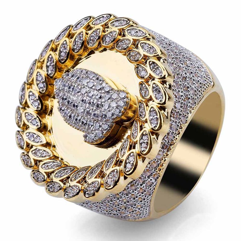 Men's Prayer Hand Signet Ring With Micro-Pave Zirconia, Hip Hop Style Bold Statement Ring In Gold Tone, Sizes 8-12 Hip Hop Large Men's Ring_voghion.com