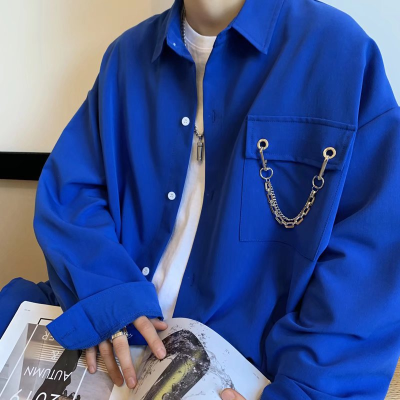 Camicia blu Klein, design di fascia alta a maniche lunghe da uomo, giacca-camicia primaverile autunnale di nicchia, bella e arricciata Instagram_voghion.com