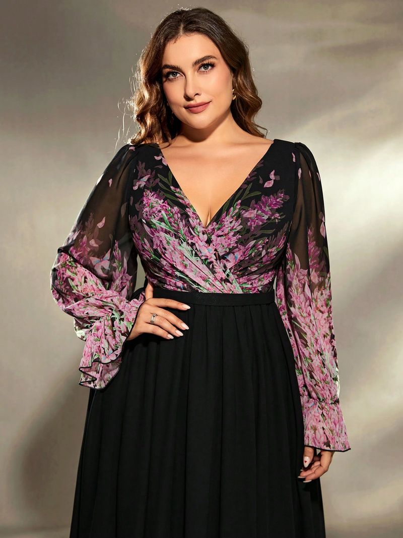 Elegante V-hals plus-size lange mouwen feestjurk voor vrouwen - A-lijn formele jurk met flatterende pasvorm voor verjaardagen en speciale gelegenheden_voghion.com